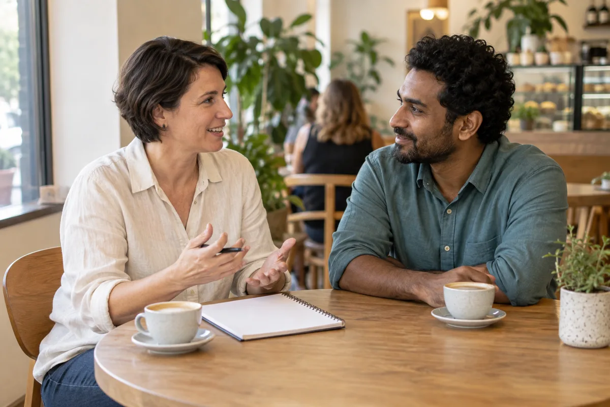 Two adults talking through everyday plans together.