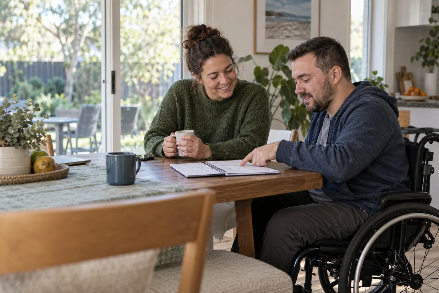 Two adults planning an ordinary day together at home; one uses a wheelchair.
