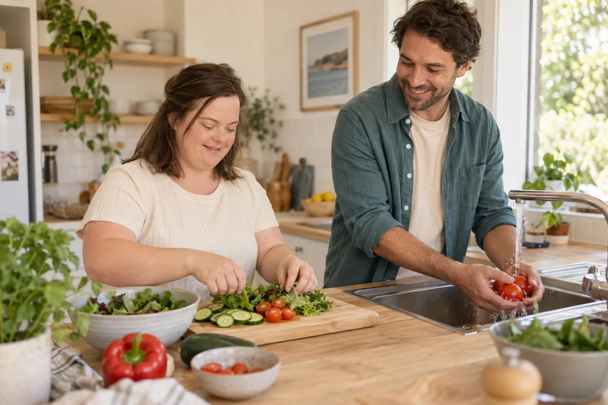 Everyday meal preparation together at home.