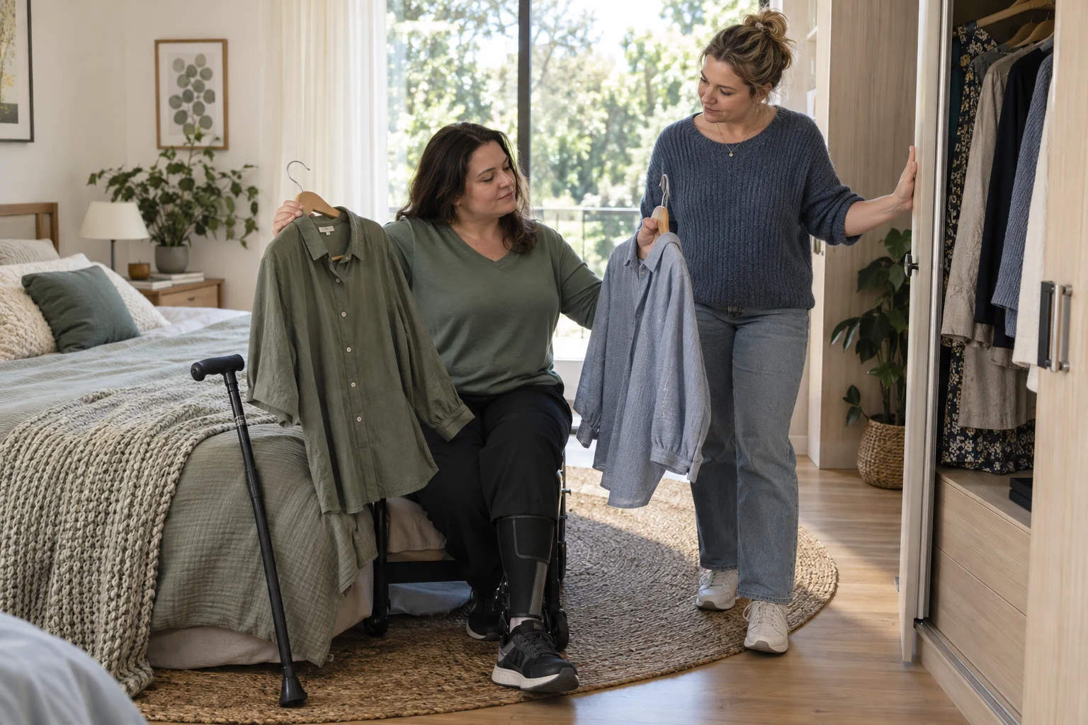 Two adults choosing clothes as part of a morning routine; one uses a walking cane.